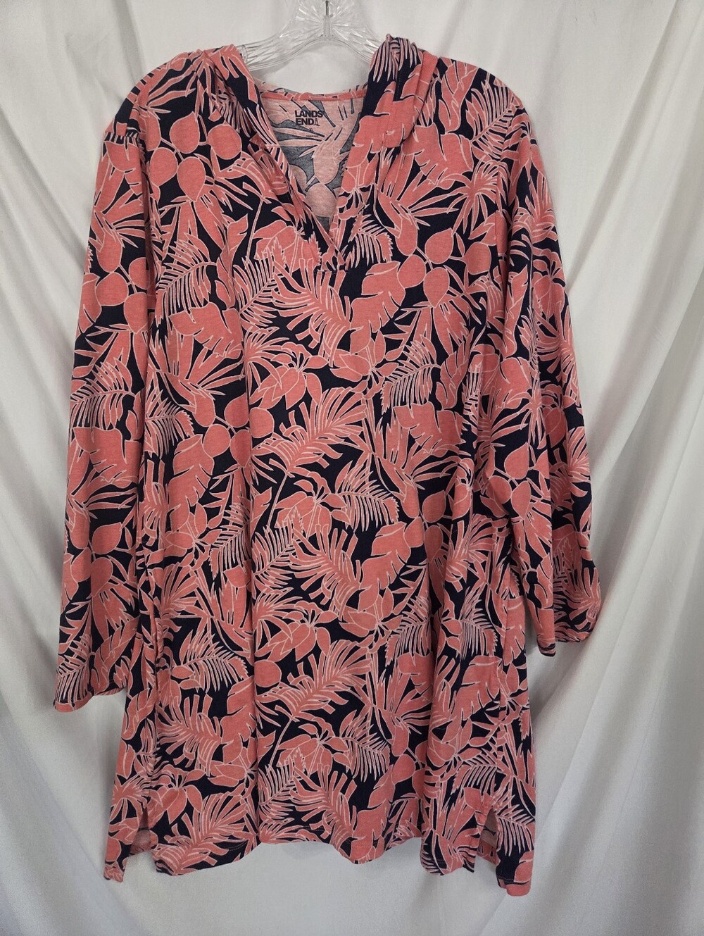 Lands' End Navy Tunic Swim Cover Jersey Coral/Blue Leaf Print Size XL